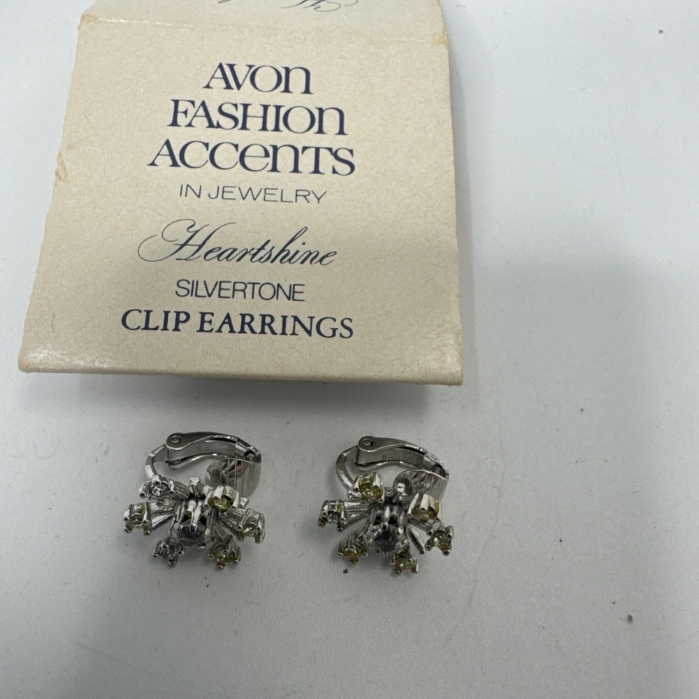 Vintage 1970s Avon Heartsshine Flower Faux Diamond Center Clip Earrings SEE
